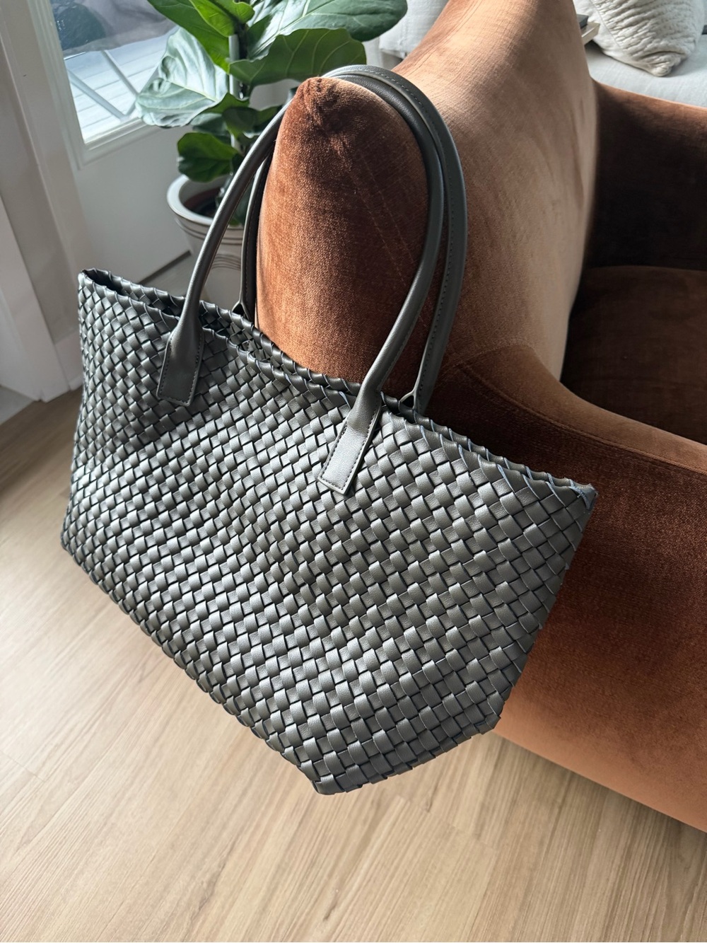 Woven Tote Bag in Forest Green with Double Handles